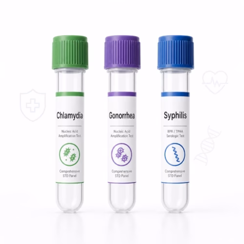 فحص الكلاميديا والسيلان والزهري STD. كشف مبكر للعدوى البكتيرية الثلاثة. نتائج سريعة ودقيقة وعالية الحساسية. تشخيص موثوق وسري.