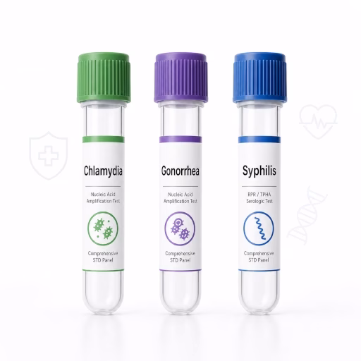 فحص الكلاميديا والسيلان والزهري STD. كشف مبكر للعدوى البكتيرية الثلاثة. نتائج سريعة ودقيقة وعالية الحساسية. تشخيص موثوق وسري.